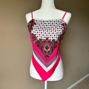 White and Pink Asymmetrical Handkerchief Tie Back Top